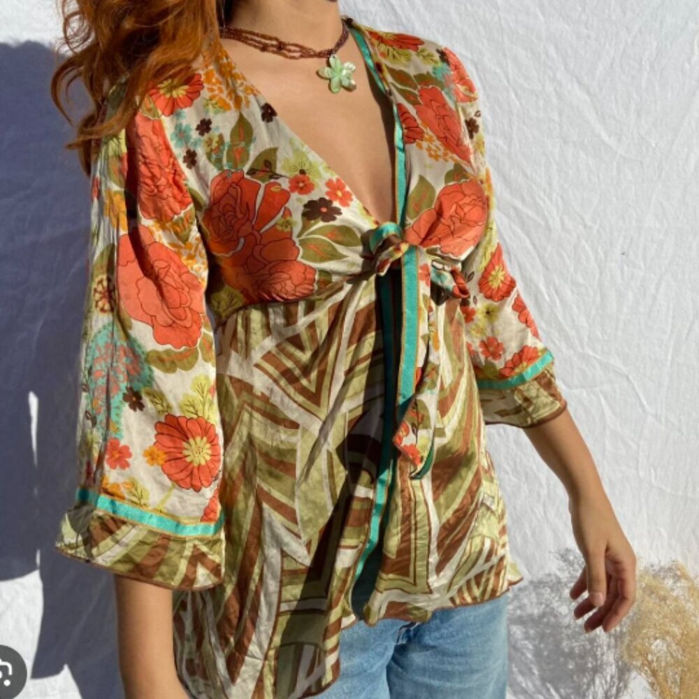 Cabi size S 100% silk tie front mixed pattern kimono blouse floral flowy